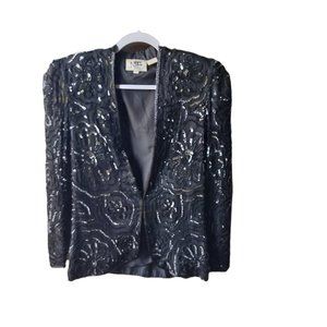 Vintage Lime Nite Womens Silk Black Floral Beaded and Sequined Jacket Medium